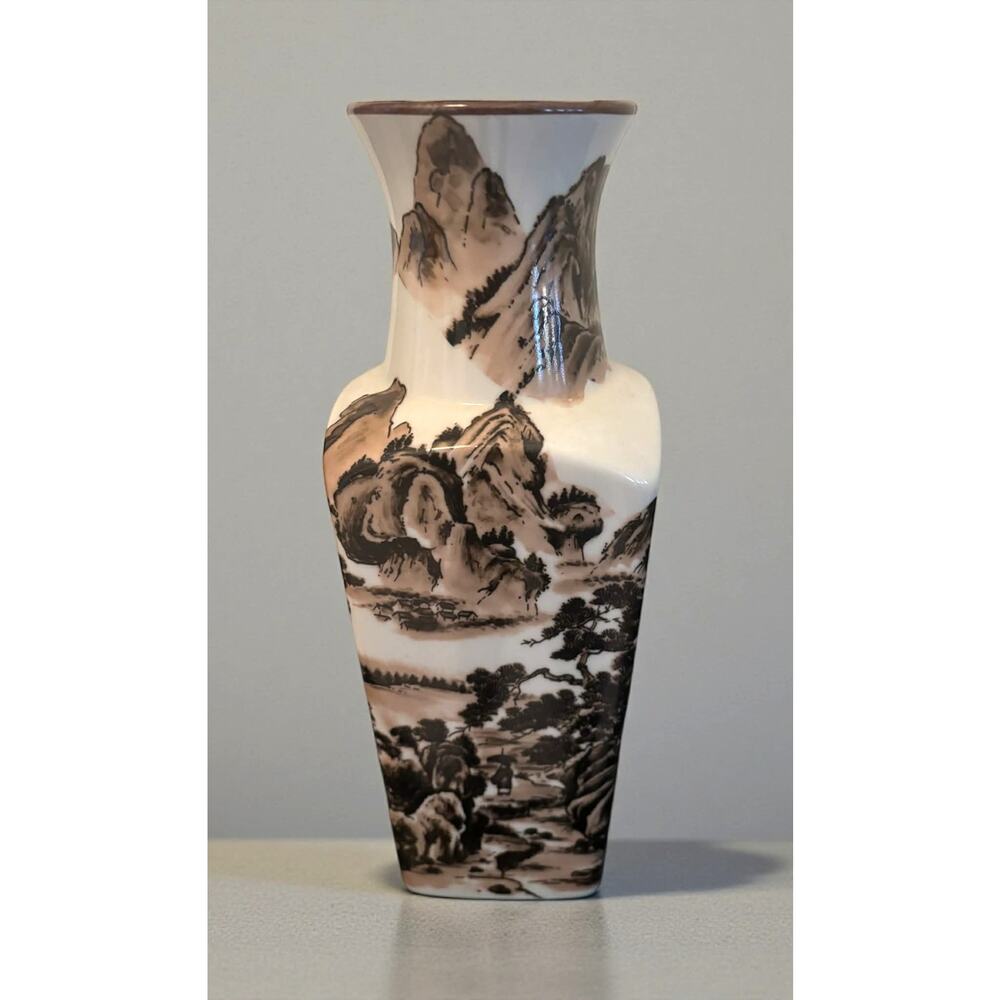 Vintage Japanese Ceramic Vase Scenic Landscape Made in Japan Mid Century
